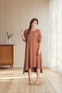 Women's Linen Flare Dress Short Sleeve Maxi Caftan Solid Natural V-neck A-Line <b>Plus</b> <b>Size</b> OEM ODM Private Label - Product Image 6