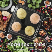 Paquet de deux boîtes d'emballage jetables en plastique Mochi quatre grilles pour desserts et salades avec couvercle transparent