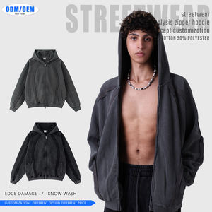 Sudadera con capucha de forro polar vintage con cremallera, estilo oversize, diseño streetwear con efecto desgastado y lavado a la nieve, forro de invierno, con patchwork digital - Product Image 3