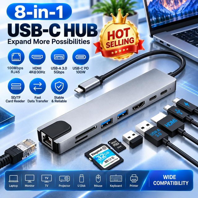 8-In-1 USB Type C Hub Multiport Adapter Hub Dock 8 in 1 USB C Type C Hub With 4K HDTV HDMI USB 3.0 SD TF Card Reader PD Charging