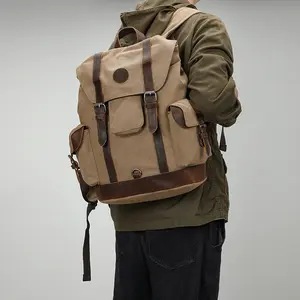 On Sale Vintage Outdoor Actitives Leather Washed Canvas Backpack Leather Travel Laptop Bags For Men