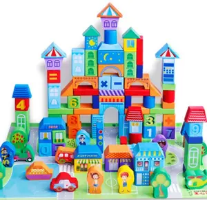 Custom 100 Pieces Children Wooden Farm City Stacking Building Blocks Educational Stacked Learning Toys For Kids