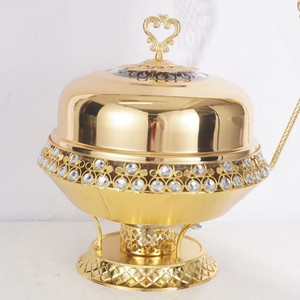Gold Plated Stainless Steel Buffet <b>Stove</b> 8L Round Chafing Dish With Diamond Encrusted Lid For Hotel Restaurant Use - Product Image 4
