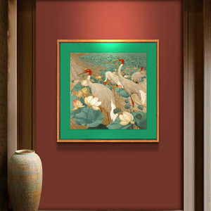 Art décoratif floral et oiseux de style asiatique du Sud-Est : Peinture carrée de perroquet tropical pour la décoration murale de l'entrée d'hôtel - Product Image 2