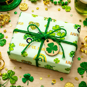 St Patricks Day gift wrapping <b>paper</b> Green cartoon car with four <b>leaf</b> clover pattern Double sided printing customizable - Product Image 4