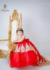 Rosso Puffy Tulle principessa oro Appliques delaminazione abiti da ragazza fiore fiocco lungo spettacolo festa di nozze Mini palla Quinceanera - Product Image 2