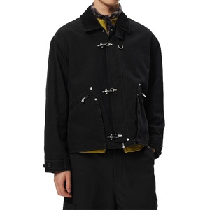 Chaqueta Corta de Mezclilla Casual Personalizada para Hombre, Negra Lavada, 100% Algodón, con Bolsillos con Cremallera, Estilo Vintage - Product Image 1