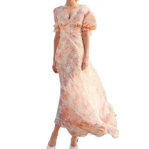 Özel yeni tasarım parti akşam zarif bayan puf kollu kadın giyim büyük salıncak şifon baskı çiçek rahat elbise