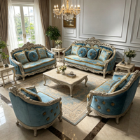Ensemble de canapés complets en velours tufté bleu ciel, avec cadre en bois massif sculpté à la main blanc antique, pour salon de style palais français