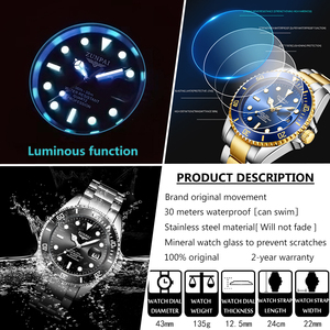 San pai — montre-bracelet étanche de sport pour hommes, en acier inoxydable, de couleur dorée, nouvelle marque de luxe, 100% - Product Image 3