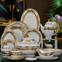 Service de table de luxe en porcelaine Karosa 98 pièces, design doré, assiettes, bols, tasses à thé et à café en porcelaine fine