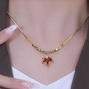 Red Maple Leaf Titanium Steel Necklace Women Crystal Rhinestone Claw Setting Clavicle Chain Everyday Wear - Product Image 2
