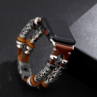 Bracelet de montre en cuir enveloppé de tubes en acier inoxydable multicouche rétro de luxe pour Apple Watch 46 mm