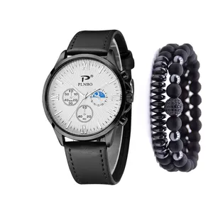 8431 Fashion men watch set Simple Black Leather Strap Quartz Watch With natural stone bracelets Set Montre Homme