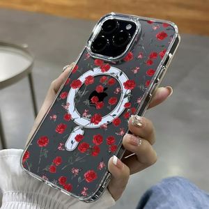 Coque de téléphone magnétique en acrylique transparent avec motif floral de rose rouge pour iPhone 16 Pro 16E 15 14 13 17 12 11 Pro Max, compatible avec la recharge sans fil - Product Image 6