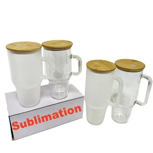 32Oz 40Oz Heldere Matte Sublimatie Glazen Tuimelaar Met Bamboe Deksel En Stro Herbruikbare Ijskoffie Auto Glazen Fles Met Handvat