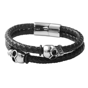 yunnique Skull <b>Bracelet</b> Black Braided Leather Titanium Steel Charm Unisex Jewelry - Product Image 1