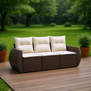 Canapé de jardin modulaire 3 places en rotin PE marron avec coussins en mousse haute densité pour usage extérieur, design contemporain - Product Image 2