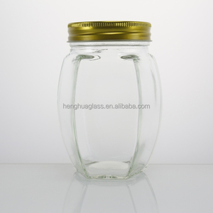 Hotselling hình lục giác mật ong thực phẩm lưu trữ container lọ hình dạng độc đáo 330ml 350ml 680ml lọ thủy tinh với vàng nắp kim loại - Product Image 4