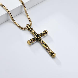 <b>Cross</b> Necklace For Men Stainless Steel Punk Style Black Stone Pendant Gold Tone <b>Chain</b> Jewelry Fashion Accessory - Product Image 4