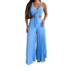 Ensemble 2 pièces pour femmes, haut sans bretelles et pantalon large plissé, tendance - Product Image 2