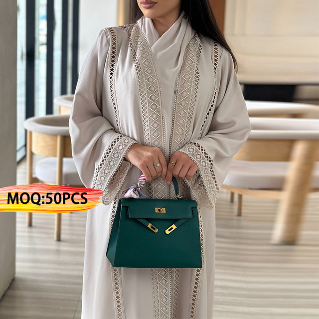 Oem Customized Casual Luxury Lace Inset Nida Dubai 2025 Design Front Open Modest Eid Ramadan Traditional Islamic Clothing Abaya