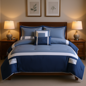 Ensemble de couette 7 pièces en coton tissé bleu uni pour lit Queen ou King, usage domestique - Product Image 2