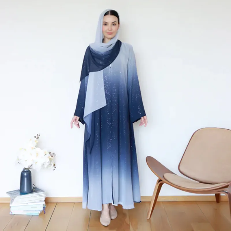 Vestido abaya abierto de tela de gasa con purpurina degradada último diseño kimono cárdigan musulmán Dubai con un chal a juego gratis