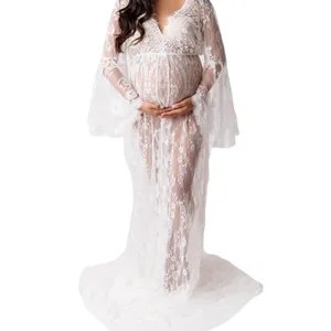 2021 Sexy White Umstands kleider Spitze Phantasie Schwangere Fotoshooting Kleid Für Schwangerschaft Frauen Maxi kleid Fotografie Prop Hot Sale