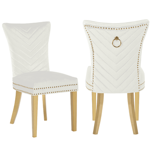 Chaises de salle à manger à 2 pièces avec pieds dorés, finies avec du tissu en velours beige - Product Image 4
