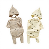 Ensemble de barboteuse pour bébé Angou, version coréenne, nouveau printemps et automne, barboteuse imprimée, pantalon à pieds, chapeau, ensemble trois pièces