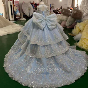 For MC047 Natural Waist Appliques Light Blue Flower Girl <b>Dress</b> <b>Silver</b> Beaded Ruffled Glitter Tulle Ball Gown Bow Wedding - Product Image 3