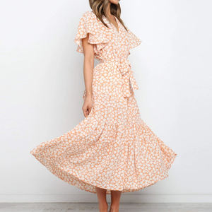 Fladderende Mouw A-Lijn Ruche Zoom Midi Jurk Koraalroze Feestjurken Gebloemde Knoop Wikkeljurk - Product Image 3