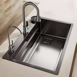 Fregadero de cocina moderno de acero inoxidable de gran capacidad, empotrado, cuadrado, con grifo estilo cascada. - Product Image 3