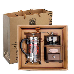 Boîte cadeau d'outils à café, café presse française Latte théière moulin à café en bois cuisine métal minimaliste Double paroi marron rond/ - Product Image 3