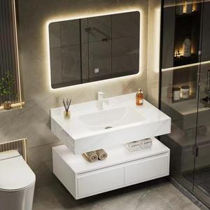 Meuble-lavabo de salle de bain en bois massif avec vasque en céramique à double couche, miroir LED et armoire à pharmacie - Product Image 1