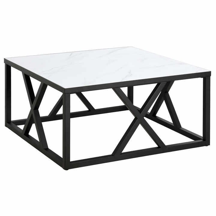 HMS 35 White and Black Steel Square Coffee Table Farmhouse Living Room Furniture with Wooden and Marble Top for Home Use