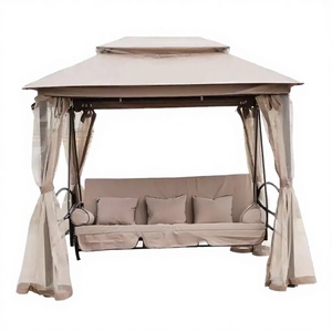 Outdoor <b>Patio</b> <b>Swing</b> Chair with Canopy and Curtains Seat 3 People Fabric Cushion Modern Design Metal for Outdoor Use - Product Image 1
