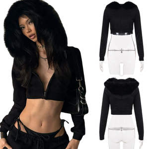 Custom Logo Hooded Woven Gothic Winter Women's Short Cropped Black Faux <b>Fur</b> <b>Trim</b> Zip-Up Jacket Long Sleeve Pullover Outerwear - Product Image 1