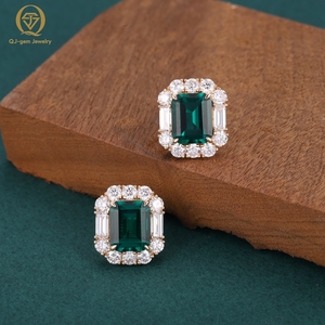 Custom Luxury Women <b>Earrings</b> 14k Gold Lab <b>Emerald</b> <b>Stud</b> <b>Earrings</b> Yellow Gold 8*10mm Zambia Hydrothermal <b>Earrings</b> with Diamonds - Product Image 2