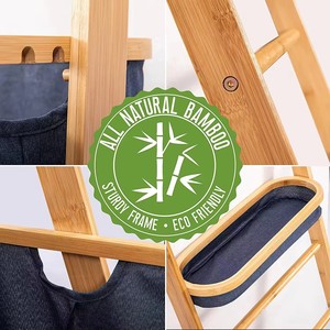 Étagère à serviettes en bambou avec barre de séchage et panier à linge en tissu, support autoportant en bambou pour couvertures et jetés pour salle de bain - Product Image 5