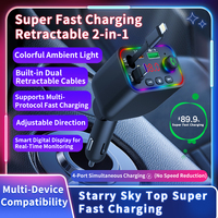 Transmisor de Radio FM para Auto, Reproductor MP3, Cable de Carga Retráctil Integrado, Doble USB Tipo C, Luz Ambiental Colorida, Cargador para Auto