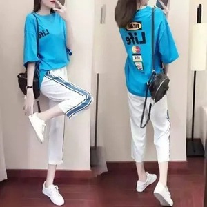 Women's Casual Sportswear Set Blue Short Sleeve T Shirt With Pocket Knitted Polyester Two Piece Summer Fashion 2024 - Product Image 1