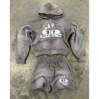 Set Hoodie musim semi dan pendek Unisex kustom asam ukuran besar Non penuh katun pria ritsleting Set Hoodie dan pelari
