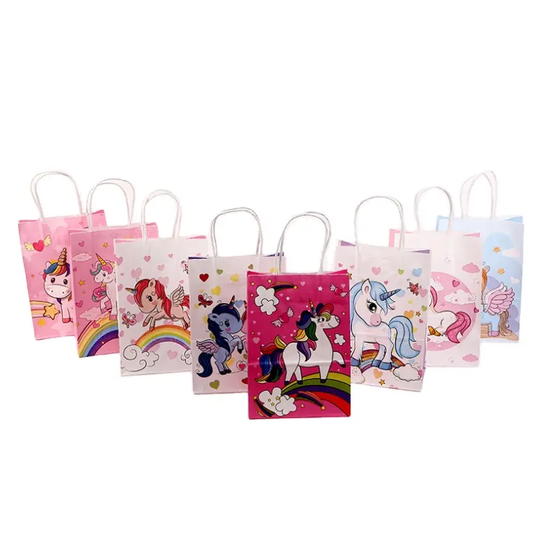 China Supplier Custom Kids Birthday Party Packaging Craft Kraft Unicorn White Shopping Kraft Paper Gift Bag