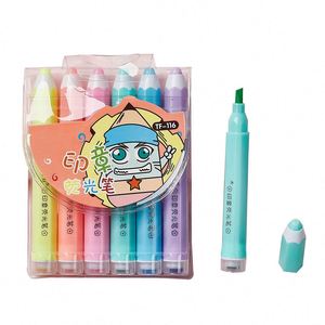 Stylo Marqueur Surligneur Double Pointe Oblique 6 Couleurs Kawaii Personnalisé pour Étudiants et Enfants avec Tampon - Product Image 3