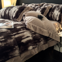 Housse de couette en fausse fourrure de lapin à larges bords Tie-Dye gris taies d'oreiller en peluche fermeture à glissière draps de lit 4 pièces ensemble de literie