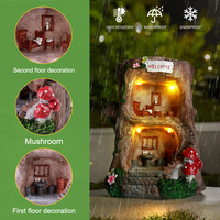 Maison de fée en résine sur tronc d'arbre, statue avec lumière LED solaire, maison d'elfe miniature à deux étages, maisonnette champignon et fleur peinte à la main pour patio et jardin