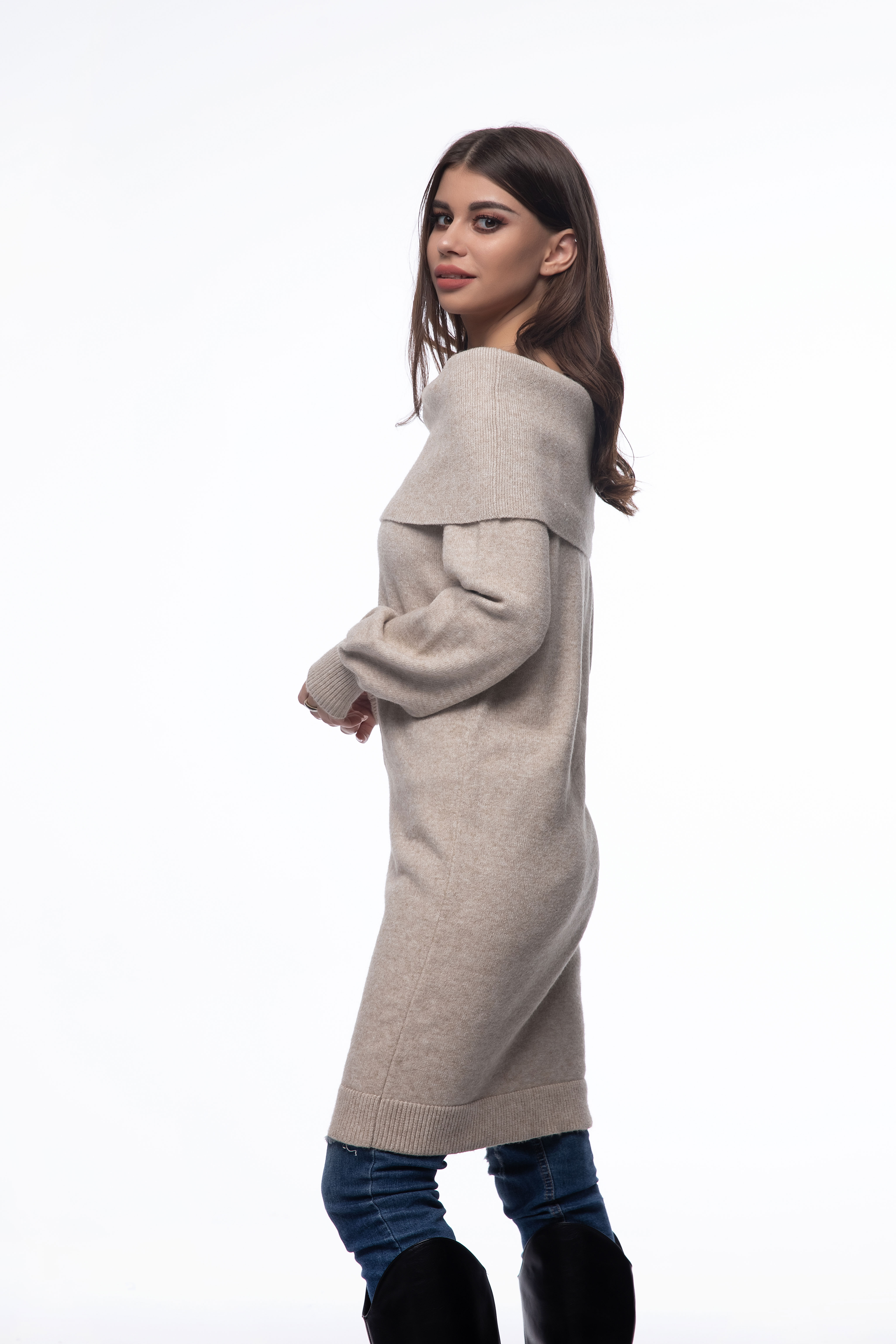 顶级时尚新款式双层船领长针织毛衣连衣裙女装