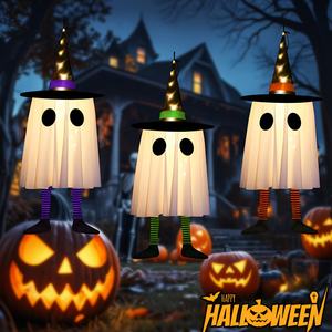 Luz colgante de fantasma de Halloween con luces LED de cadena con forma de sombrero de bruja, 3 modos de iluminación, funciona con pilas, adecuada para patio exterior - Product Image 1
